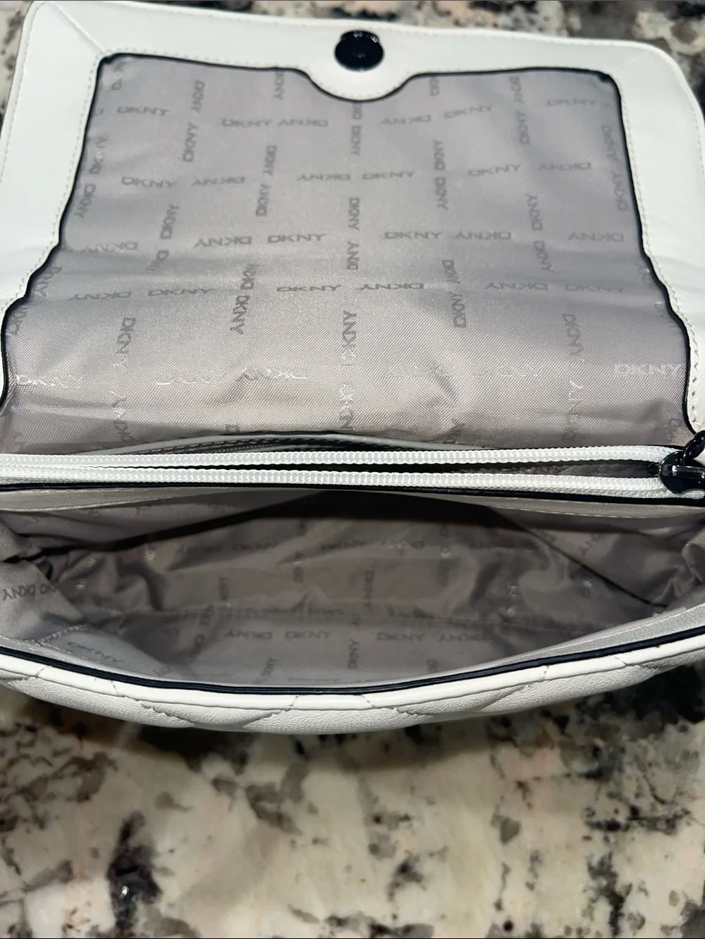 DKNY White Quilted Leather Crossbody with Black Chain Strap
